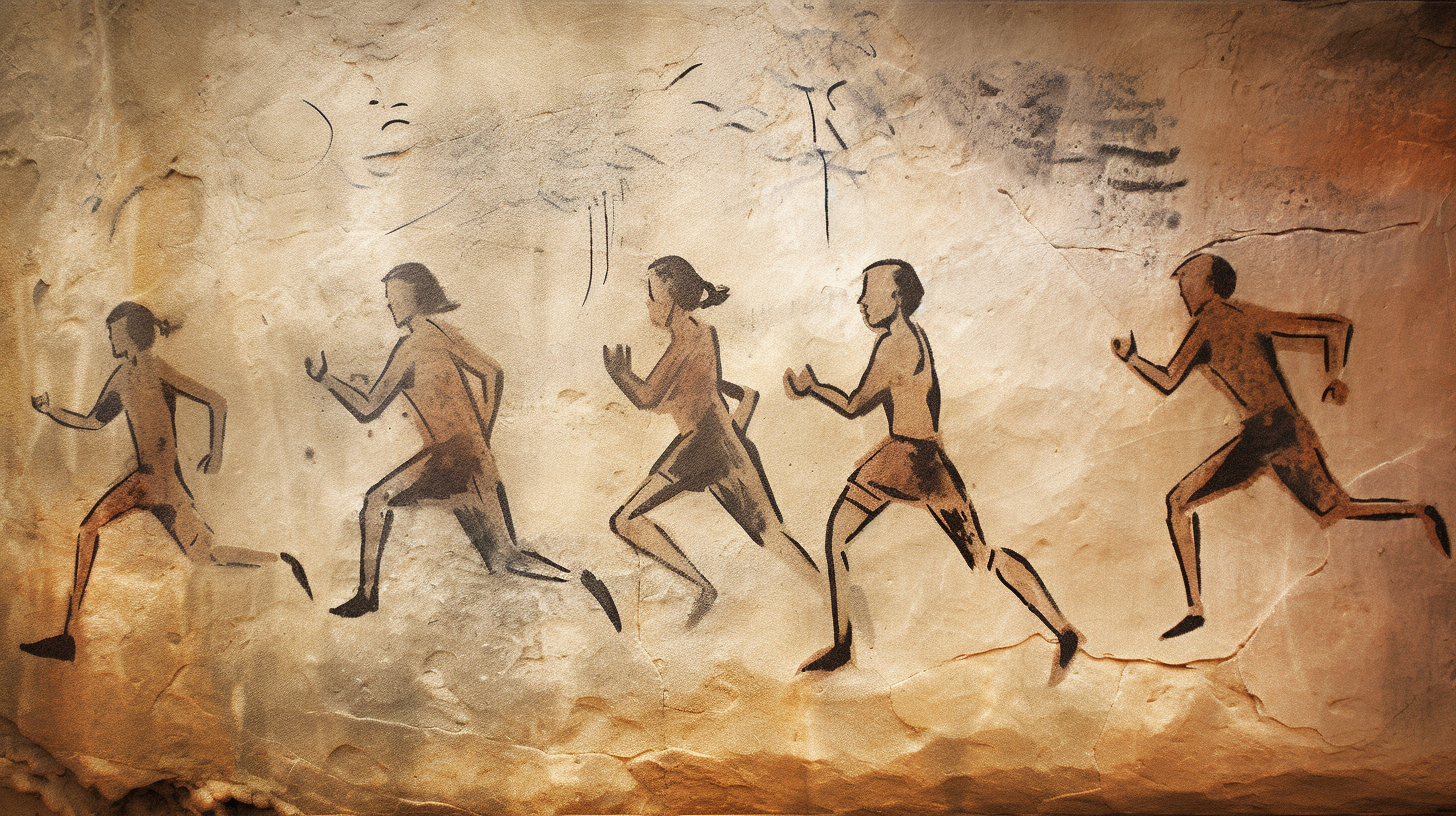 cave painting of a group of people running